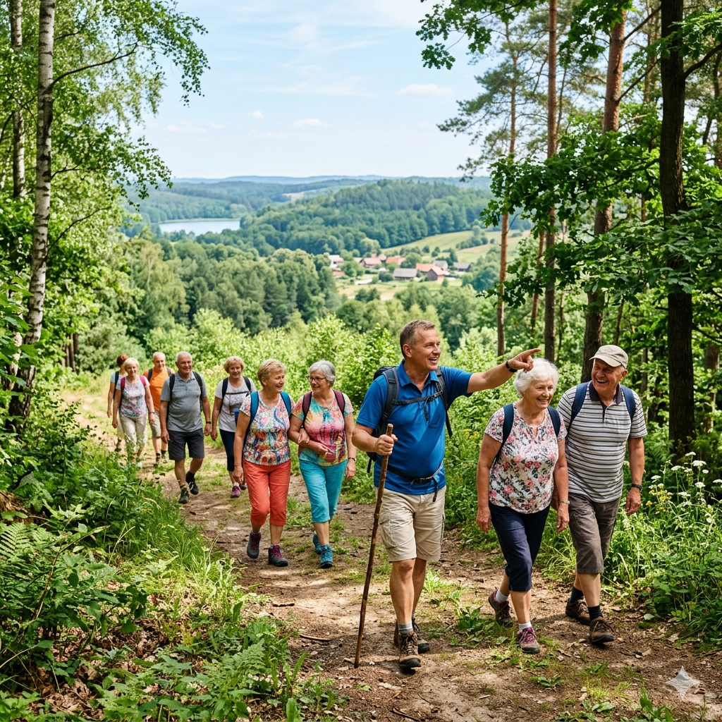 Grupa uśmiechniętych seniorów spaceruje leśną ścieżką wśród zielonych drzew. Słoneczny letni dzień. Niektórzy idą w parach, rozmawiają. Na przodzie przewodnik wskazuje coś w oddali. W tle widać pagórkowaty krajobraz Pomorza.