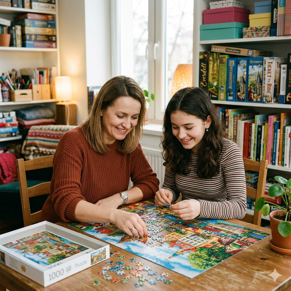 Rodzic siedzi przy stole obok nastolatka, razem układają kolorowe puzzle. Oboje są skupieni i uśmiechnięci.